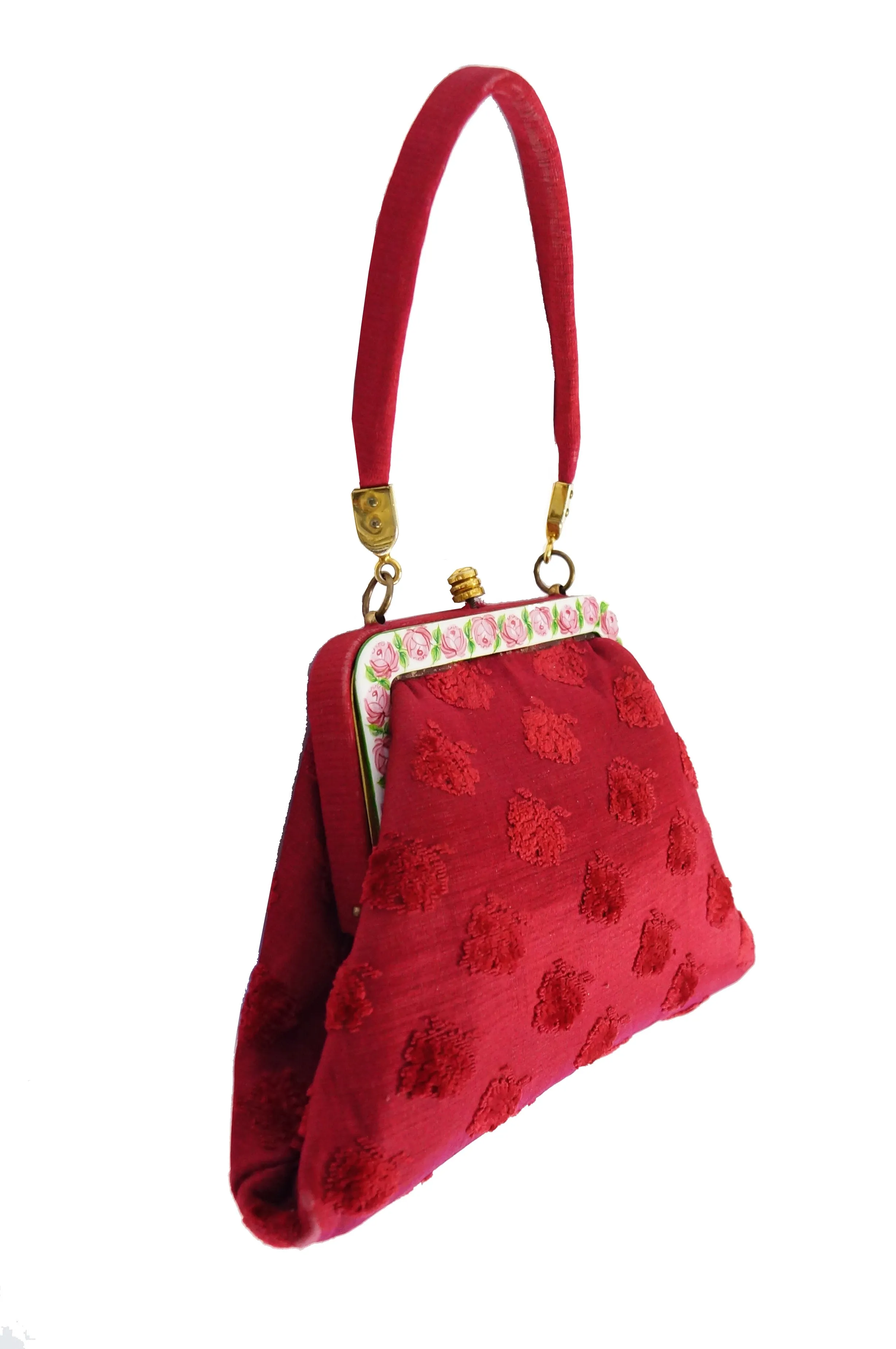 1950s Roberta di Camerino Red Tapestry Evening Bag with Hand Painted Porcelain