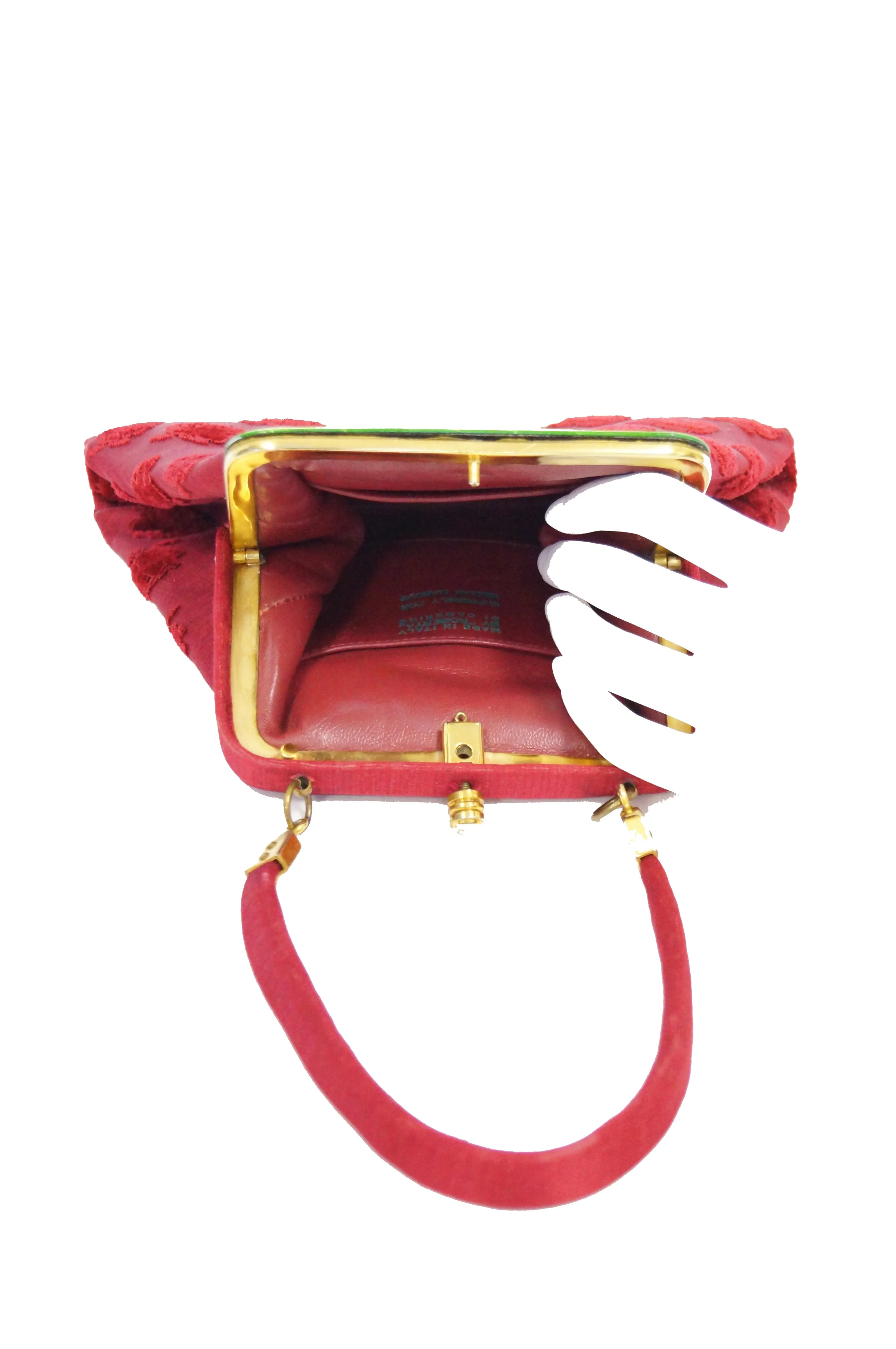 1950s Roberta di Camerino Red Tapestry Evening Bag with Hand Painted Porcelain