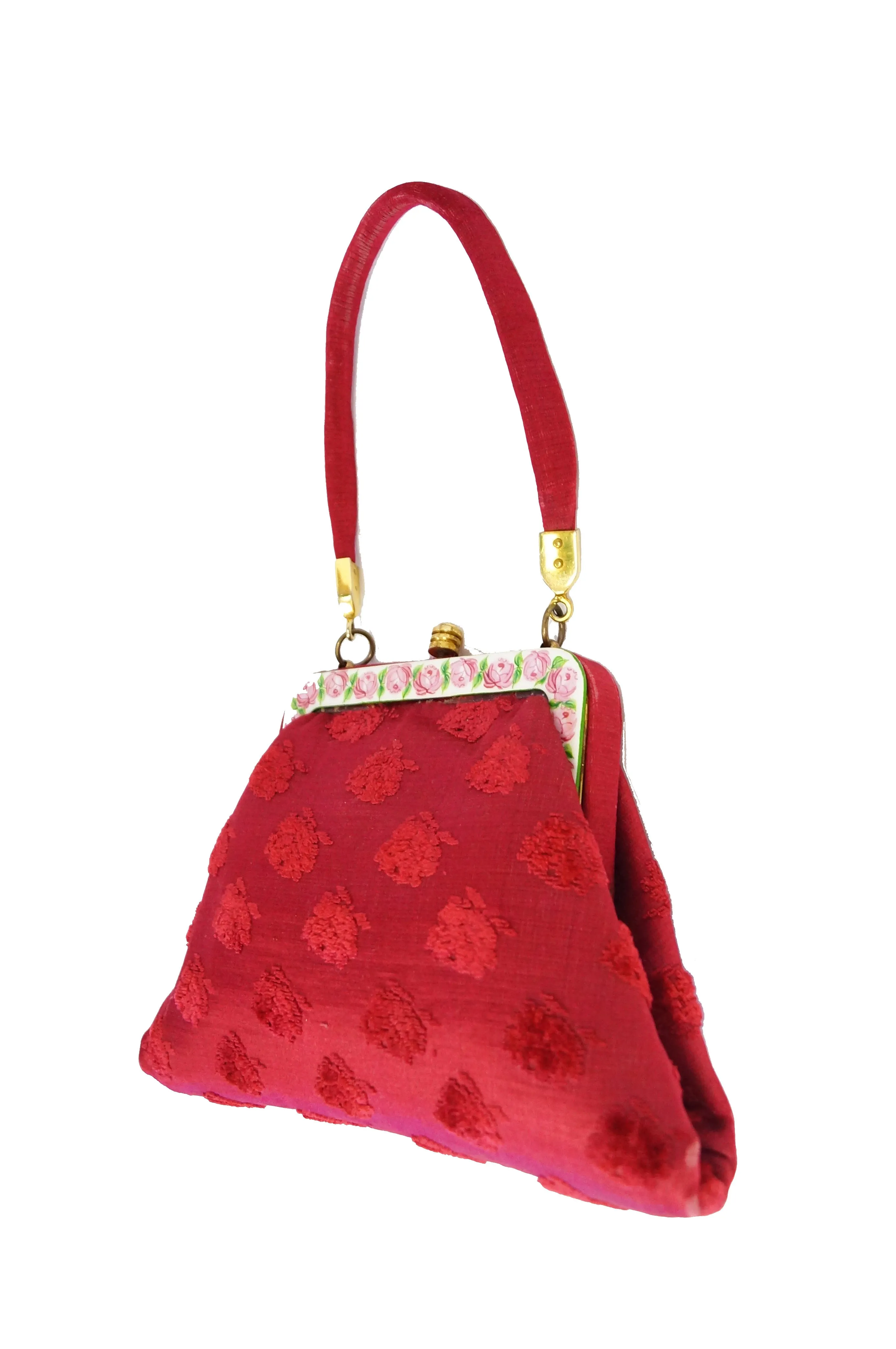 1950s Roberta di Camerino Red Tapestry Evening Bag with Hand Painted Porcelain