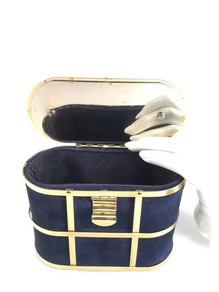 1960s Handbag Navy Blue Suede and Gold Cage Box Purse