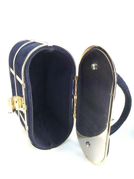 1960s Handbag Navy Blue Suede and Gold Cage Box Purse