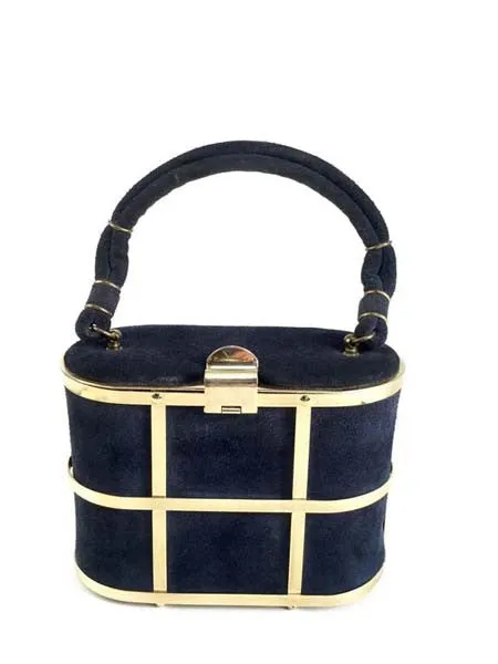 1960s Handbag Navy Blue Suede and Gold Cage Box Purse