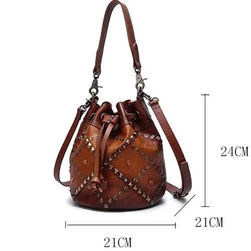 Brown Leather Womens Bucket Handbag Shoulder Bag Studded Western Leather Shoulder Barrel Bag Purse
