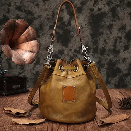 Brown Leather Womens Bucket Handbag Shoulder Bag Studded Western Leather Shoulder Barrel Bag Purse