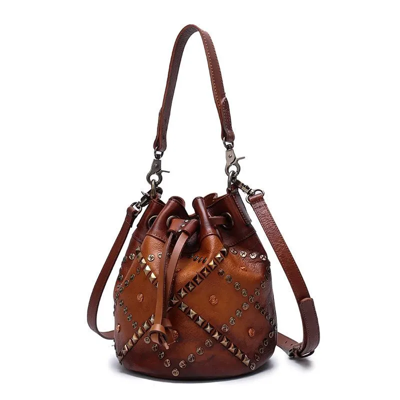 Brown Leather Womens Bucket Handbag Shoulder Bag Studded Western Leather Shoulder Barrel Bag Purse