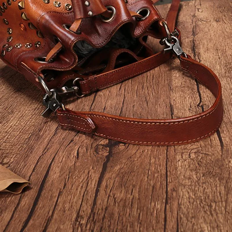 Brown Leather Womens Bucket Handbag Shoulder Bag Studded Western Leather Shoulder Barrel Bag Purse