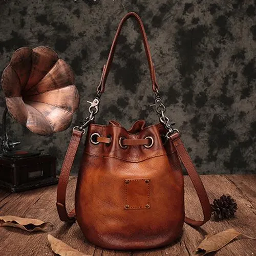 Brown Leather Womens Bucket Handbag Shoulder Bag Studded Western Leather Shoulder Barrel Bag Purse