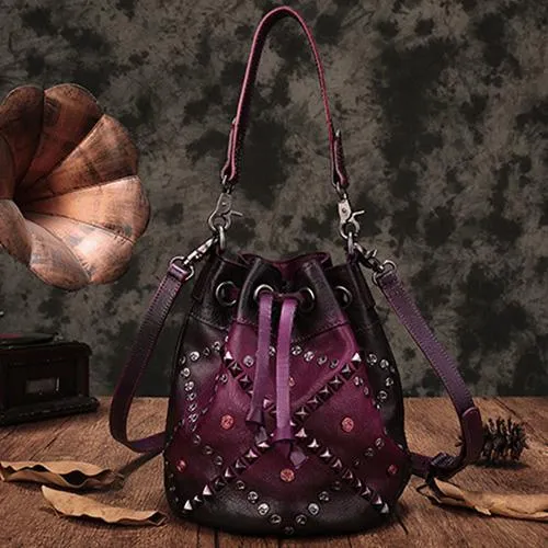 Brown Leather Womens Bucket Handbag Shoulder Bag Studded Western Leather Shoulder Barrel Bag Purse