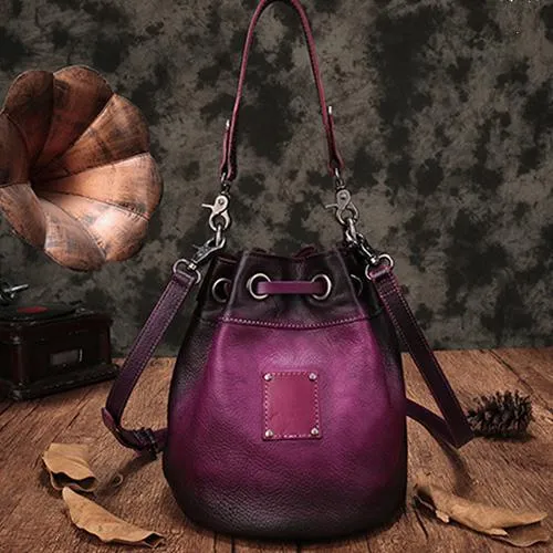 Brown Leather Womens Bucket Handbag Shoulder Bag Studded Western Leather Shoulder Barrel Bag Purse