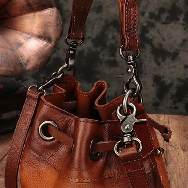 Brown Leather Womens Bucket Handbag Shoulder Bag Studded Western Leather Shoulder Barrel Bag Purse