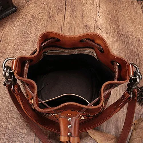 Brown Leather Womens Bucket Handbag Shoulder Bag Studded Western Leather Shoulder Barrel Bag Purse