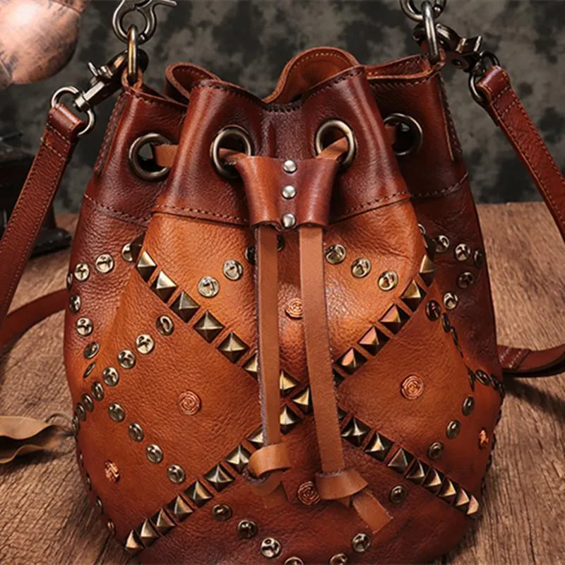 Brown Leather Womens Bucket Handbag Shoulder Bag Studded Western Leather Shoulder Barrel Bag Purse