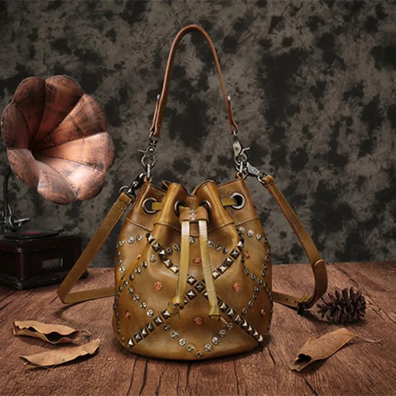 Brown Leather Womens Bucket Handbag Shoulder Bag Studded Western Leather Shoulder Barrel Bag Purse