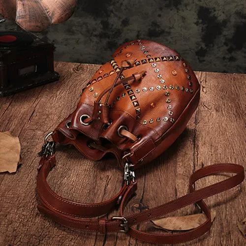 Brown Leather Womens Bucket Handbag Shoulder Bag Studded Western Leather Shoulder Barrel Bag Purse