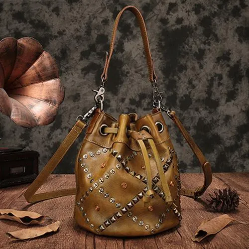 Brown Leather Womens Bucket Handbag Shoulder Bag Studded Western Leather Shoulder Barrel Bag Purse