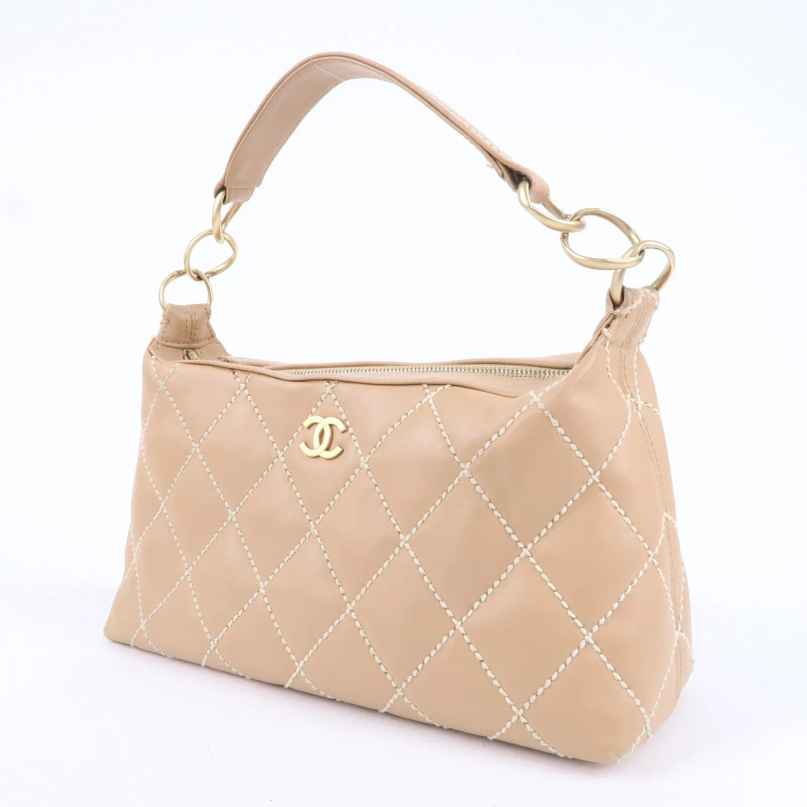 CHANEL Wild Stich Lambskin Shoulder Bag Hand Bag Beige A20663