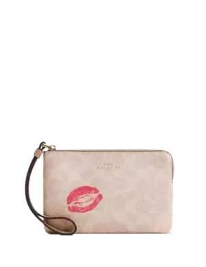 Coach Corner Zip Wristlet In Signature Canvas With Lips Print