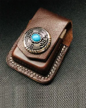 Coffee Handmade Leather Mens Stone Zippo Lighter Holders Lighter Case For Men