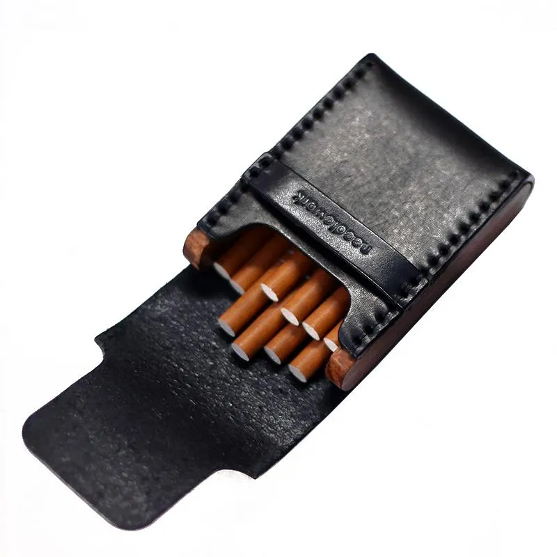 Cool Black Leather Mens Cigarette Case Wooden Custom Cigarette Holder for Men