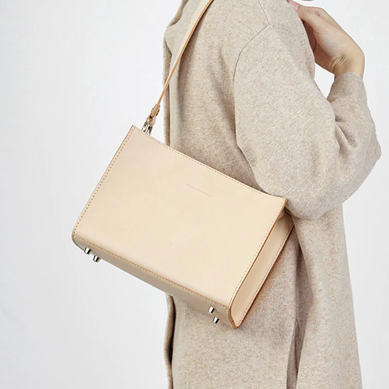 Fashion Beige Leather Women Box Tote Bag Box Handbag Shoulder Bag For Women