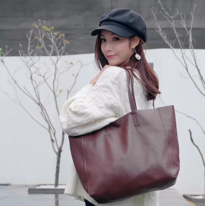 Fashion Womens Coffee Leather Oversize Tote Bag Coffee Shoulder Tote Bag Handbag Tote For Women