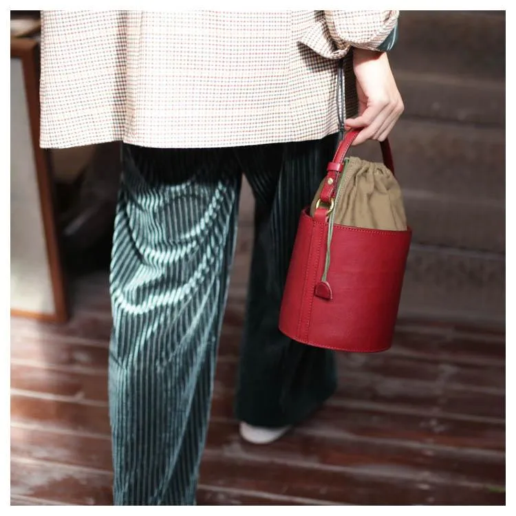 Fashion Womens Small Structured Red Leather Bucket Handbag Shoulder Bag Leather Drawstring Bucket Crossbody Bag