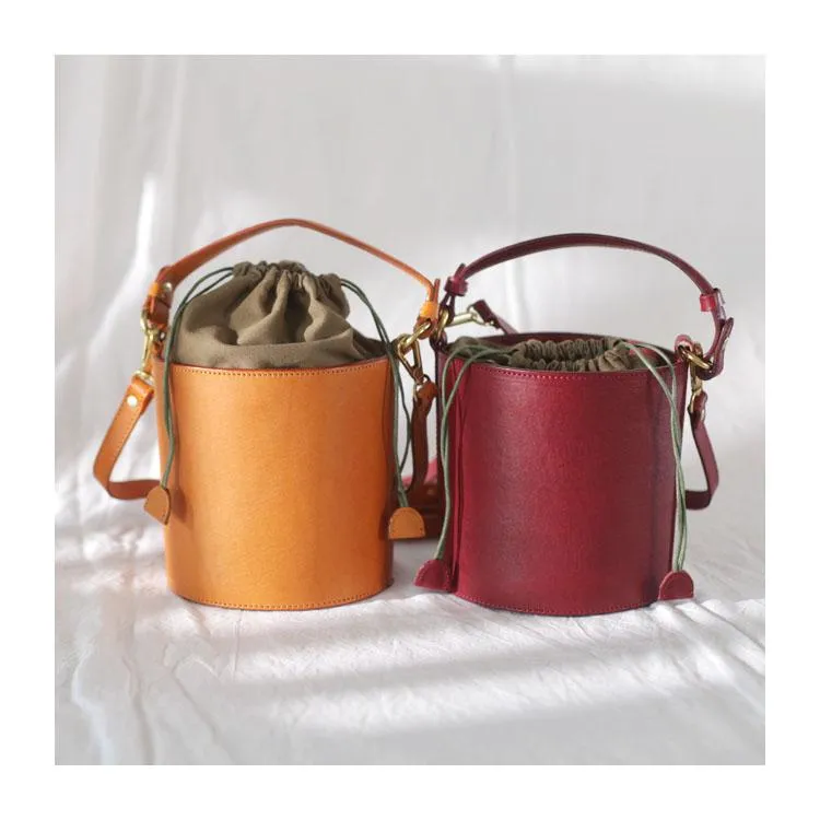 Fashion Womens Small Structured Red Leather Bucket Handbag Shoulder Bag Leather Drawstring Bucket Crossbody Bag