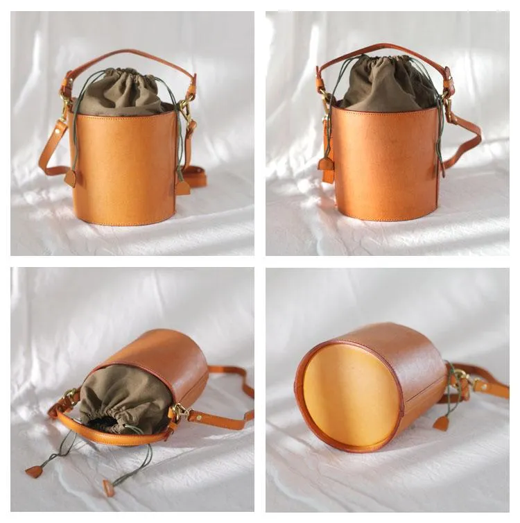 Fashion Womens Small Structured Red Leather Bucket Handbag Shoulder Bag Leather Drawstring Bucket Crossbody Bag