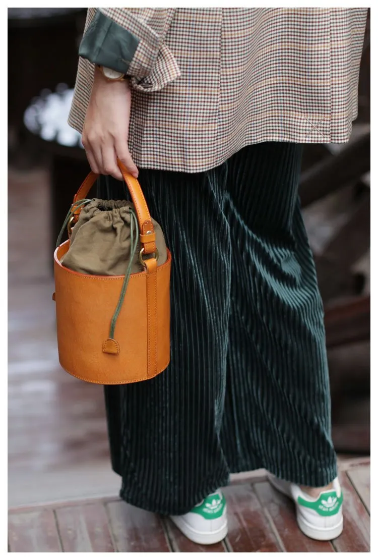 Fashion Womens Small Structured Red Leather Bucket Handbag Shoulder Bag Leather Drawstring Bucket Crossbody Bag