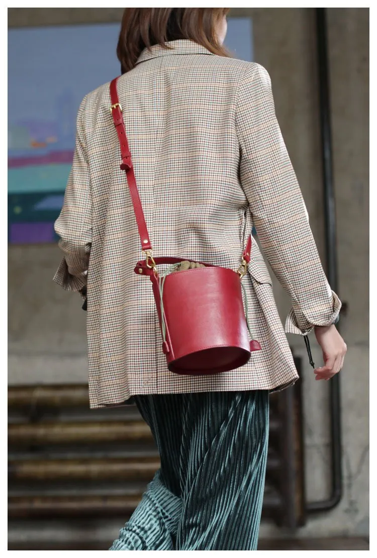 Fashion Womens Small Structured Red Leather Bucket Handbag Shoulder Bag Leather Drawstring Bucket Crossbody Bag