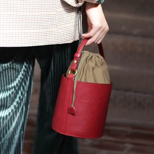 Fashion Womens Small Structured Red Leather Bucket Handbag Shoulder Bag Leather Drawstring Bucket Crossbody Bag