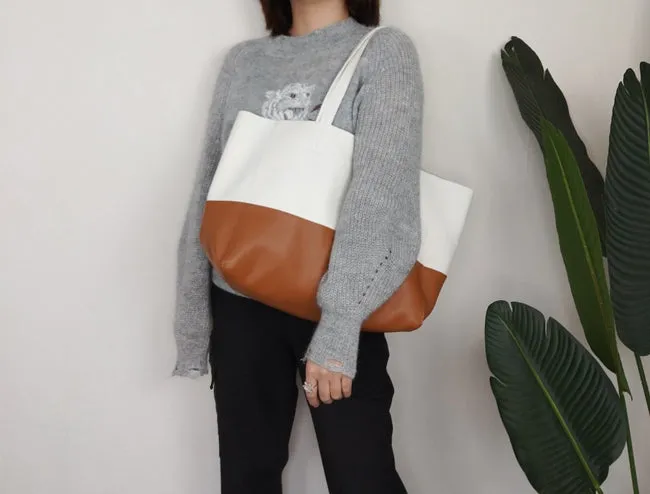 Fashion Womens White Brown Leather Oversize Tote Bag White Brown Shoulder Tote Bag Handbag Tote For Women