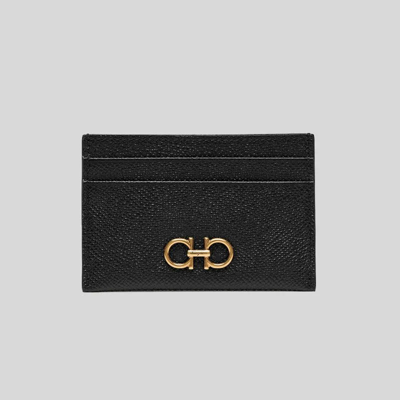 Ferragamo Gancini Leather Credit Card Holder Black 220007