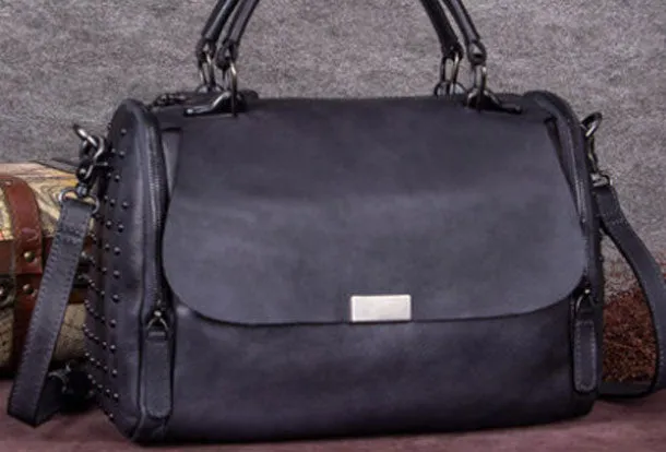 Genuine Leather Handbag Rivet Crossbody Bag Shoulder Bag Purse For Women