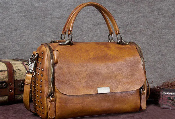 Genuine Leather Handbag Rivet Crossbody Bag Shoulder Bag Purse For Women