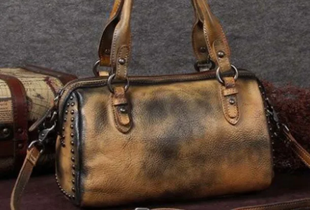 Genuine Leather Handbag Rivet Vintage Bag Crossbody Bag Shoulder Bag Purse For Women