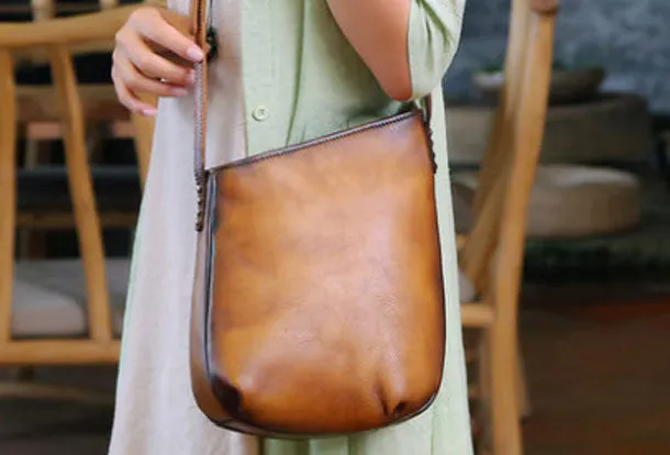 Genuine Leather Handbag Vintage Bucket Bag Crossbody Bag Shoulder Bag Purse For Women