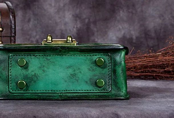 Genuine Leather Handbag Vintage Cube Crossbody Bag Shoulder Bag Clutch Purse For Women