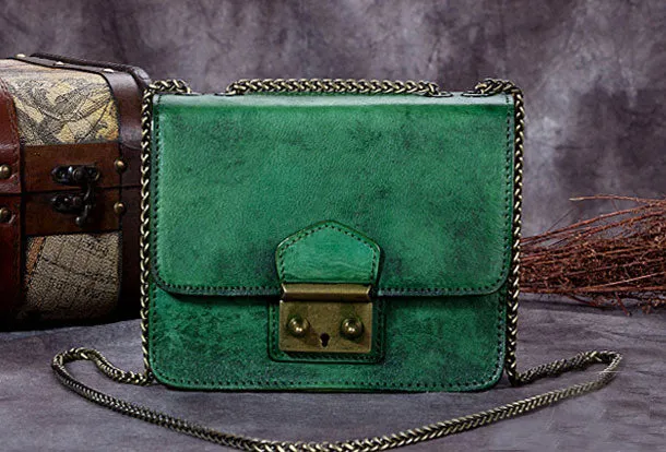 Genuine Leather Handbag Vintage Cube Crossbody Bag Shoulder Bag Clutch Purse For Women