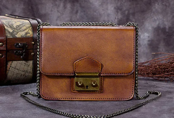 Genuine Leather Handbag Vintage Cube Crossbody Bag Shoulder Bag Clutch Purse For Women