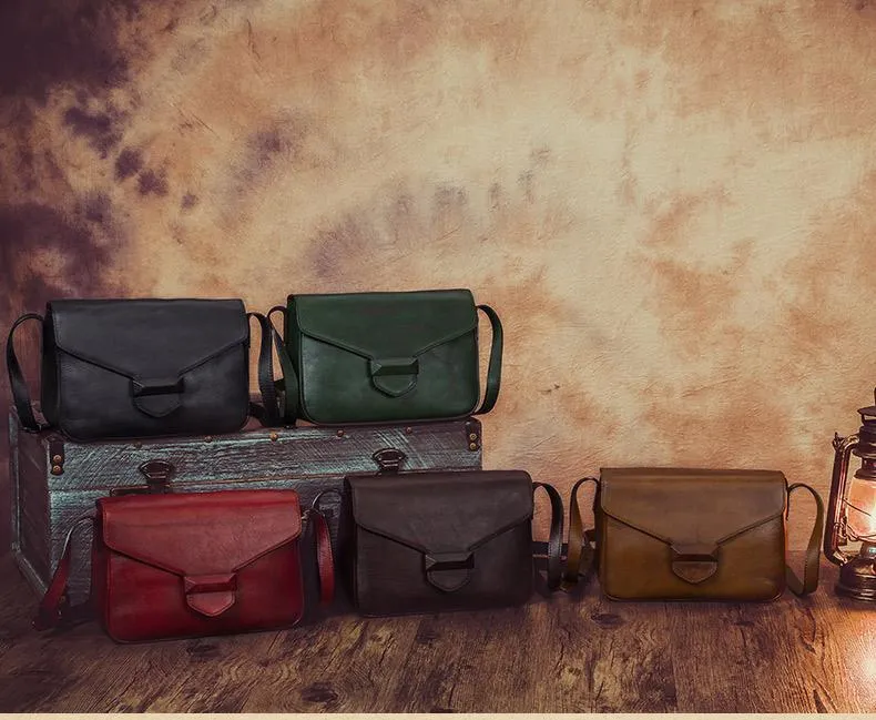 Green Vintage Ladies Leather Small Satchel Shoulder Bag Purse Brown Side Bag for Women