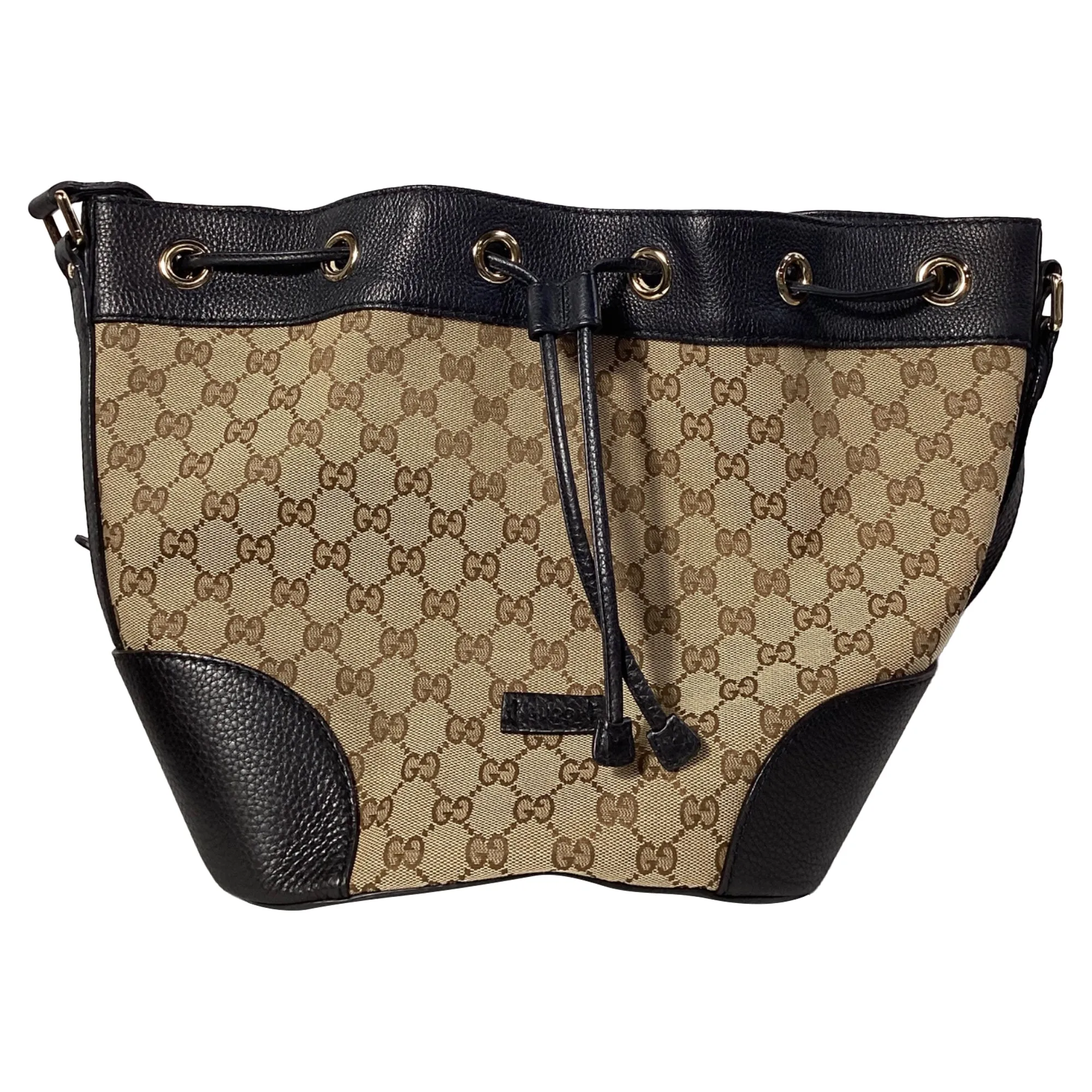 Gucci GG Monogram Bucket Bag in Black Calfskin Leather and Canvas