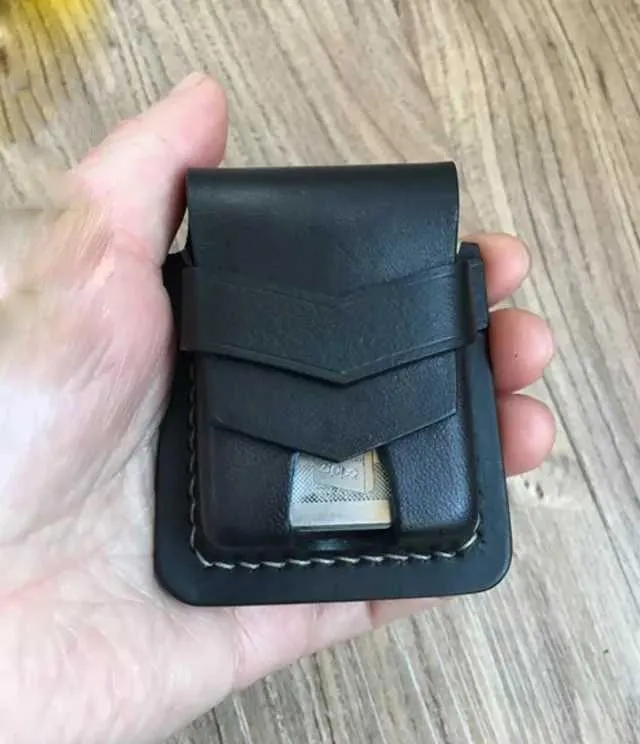 Handmade Black Leather Classic Zippo Lighter Pouch Standard Zippo Lighter Holder with Belt Loop For Men
