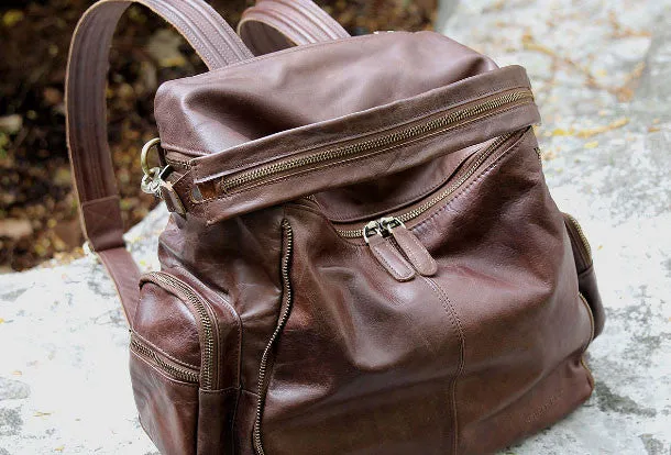 Handmade Leather backpack bag shoulder bag Coffee women leather purse