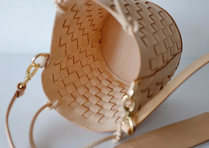Handmade Leather Beige Braided Womens Handbag Crossbody Purse Shoulder Bag for Women