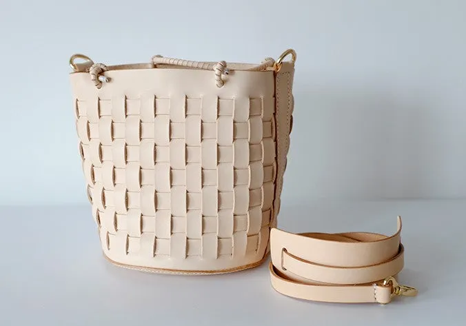 Handmade Leather Beige Braided Womens Handbag Crossbody Purse Shoulder Bag for Women