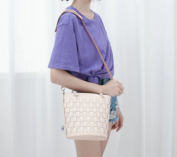 Handmade Leather Beige Braided Womens Handbag Crossbody Purse Shoulder Bag for Women