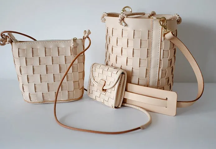 Handmade Leather Beige Braided Womens Handbag Crossbody Purse Shoulder Bag for Women