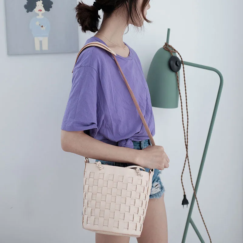 Handmade Leather Beige Braided Womens Handbag Crossbody Purse Shoulder Bag for Women