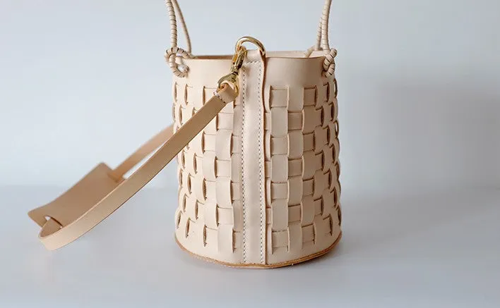 Handmade Leather Beige Braided Womens Handbag Crossbody Purse Shoulder Bag for Women